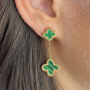 Stainless Steel Clover Drop Earrings - Green